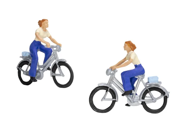 Miniatyr Personer Resenärer Med Cykel Isolera Vit Bakgrund Med Urklippsbana — Stockfoto