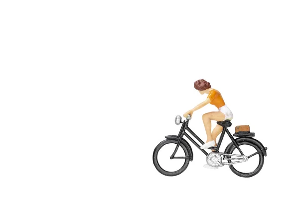 Miniaturmenschen Reisende Mit Fahrrad Isolieren Auf Weißem Hintergrund Mit Clipping — Stockfoto