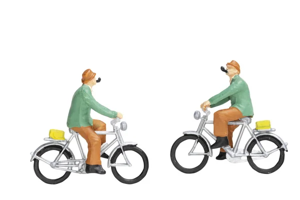 Miniature People Travellers Bicycle Isolate White Background Clipping Path — Stock Photo, Image