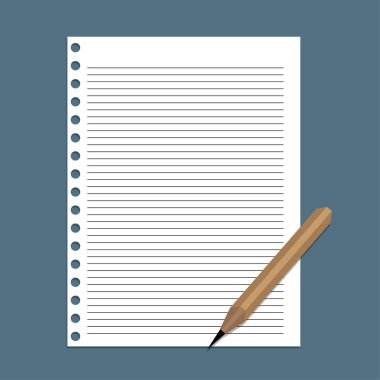 Kalem ve boş kağıt izole mavi renkli vektör çizim.