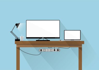Düz tasarım masaüstü monitör ve laptop ile mavi arka plan ile masada beyaz ekran