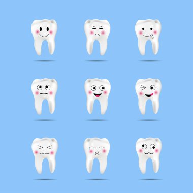 Sevimli diş emoji ve farklı yüz ifadeleri, vektör çizim ile ifadeler kümesi