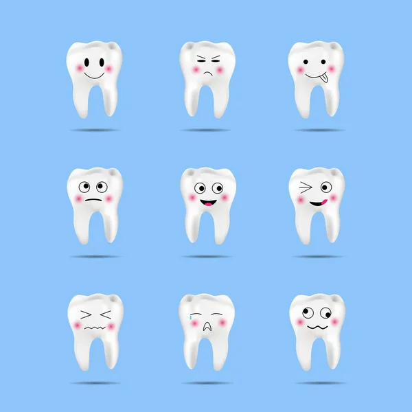 Set Cute Tooth Emoji Emoticons Different Facial Expressions Vector Illustration — Stock Vector