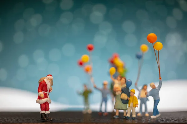 Miniature People Santa Claus Children Holding Balloon Merry Christmas Happy — Stock Photo, Image