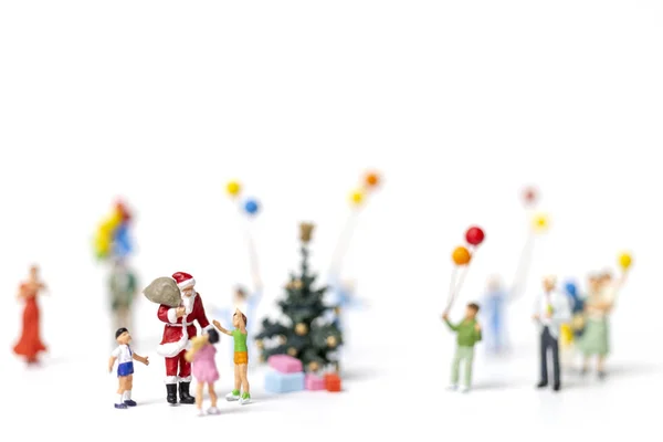 Miniature People Santa Claus Holding Gift Happy Family Christmas Happy — Stock Photo, Image