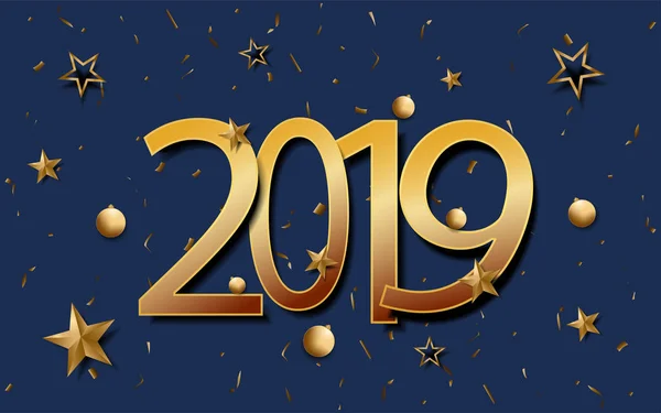 Golden Number 2019 Christmas Stars Ball Dark Blue Background Дизайн — стоковый вектор