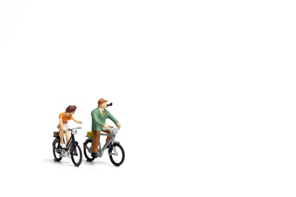 Miniature People Couple Ride Bicycle White Background Valentine Day Concept — Stock Photo, Image