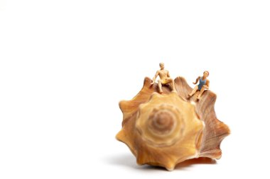 Minyatür insanlar seashells beyaz arka planda, Sevgililer günü kavramı üzerinde mayo rahatlatıcı giyen