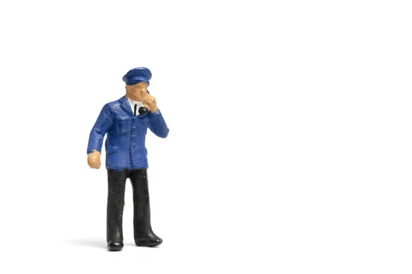 Miniature People Policeman Standing White Background — Stock Photo, Image