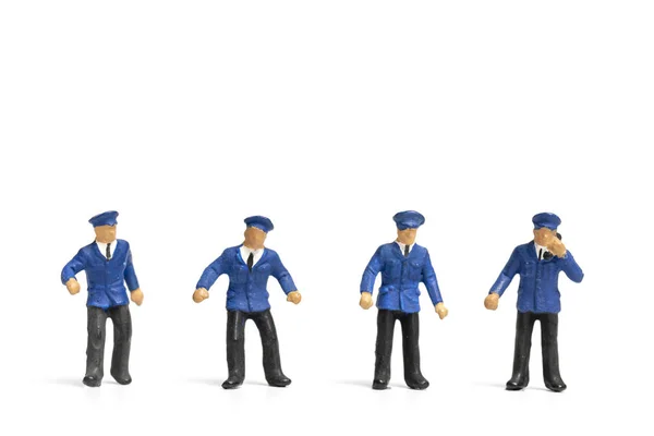 Miniatuur Mensen Politieagent Staande Witte Achtergrond — Stockfoto