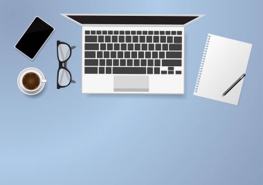 Üstten görünüm kadar gerçekçi cep telefonu, laptop, dizüstü bilgisayar ve kahve, ev ofis kavramı, vektör çizim ile alay etmek düz yatıyordu