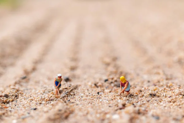 Personas en miniatura: Parcela de trabajo del agricultor en el desierto — Foto de Stock