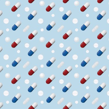 Mavi arka plan üzerinde izole edilmiş farklı hap ve kapsüllerin deseni , vektör illüstrasyon