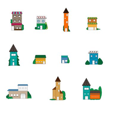 Doodle sevimli evler seti. Rahat karikatür binalar beyaz arka plan üzerinde izole