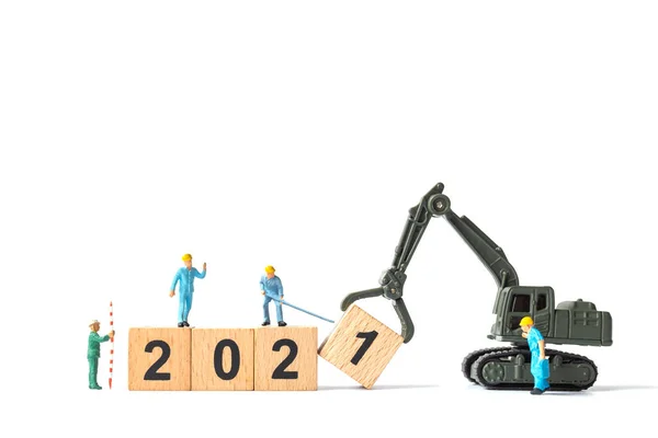 Miniature Worker Team Creare Blocco Legno Numero 2021 Felice Anno — Foto Stock