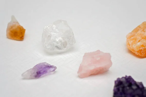 Healing crystals bring good vibes and positive vibrations: Amethyst cluster and point, clear quartz, citrine, calcite and rose quartz