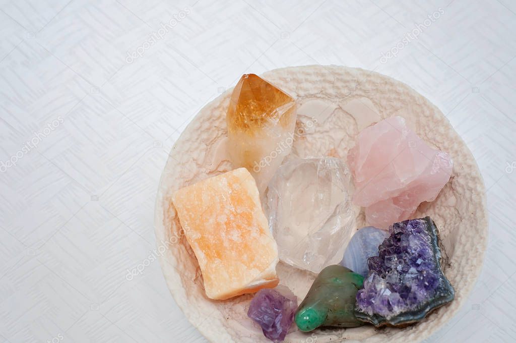 Healing crystals or gemstones: Amethyst Point and cluster, Green aventurine, agate, clear quartz, Citrine, calcite and rose quartz are used to bring positive energy and also inner peace