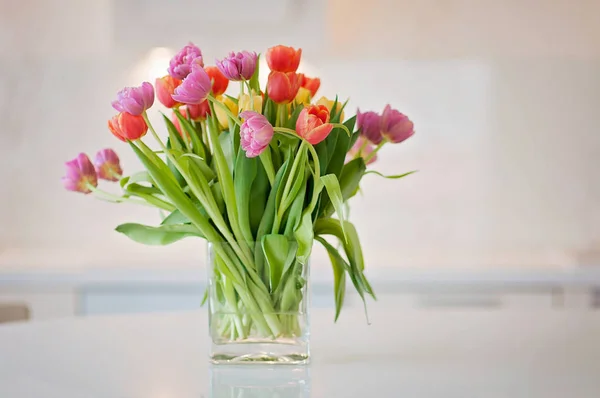 Beyaz ve temiz ev ofis mutfak arka plan ile renkli Lale çiçek önünde. Tipik İskandinav/Nordic iç Finlandiya.