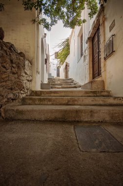 Bir ara sokakta merdiven manzaralı bir taş duvar asma dan ile kaplı 