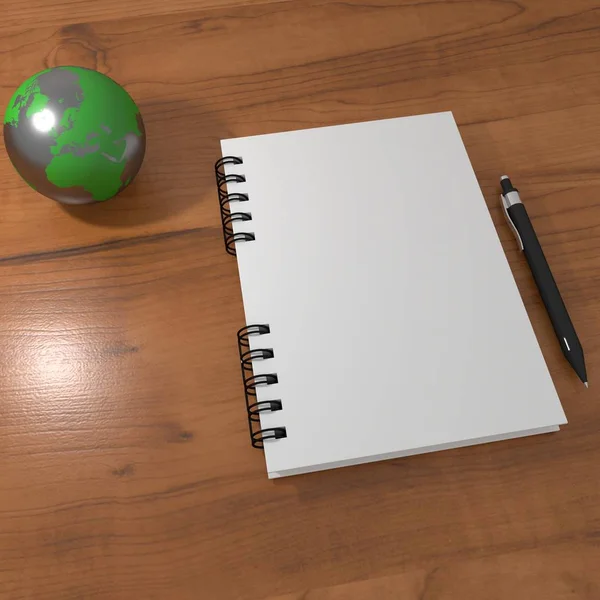 Realistic 3D rendering of white blank notebook on a wood table with a pen and a metal globe.