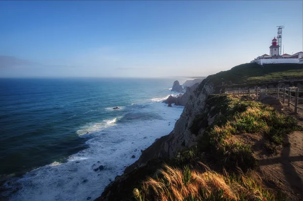 Magnifique Horizon Vue Océan Atlantique Avec Phare Fleurs Rochers Coucher — Photo