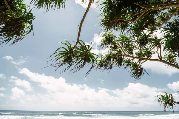 Красивий краєвид з океанським пляжем у хвилях, блакитне хмарне небо — стокове фото