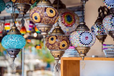 Turkish shop with traditional souvenirs colorful lamps clipart
