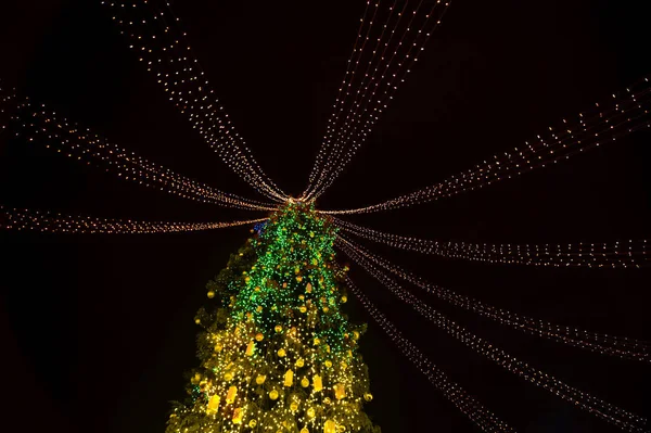 Albero di Natale decorato con luci di notte. Kiev, Ucraina — Foto Stock