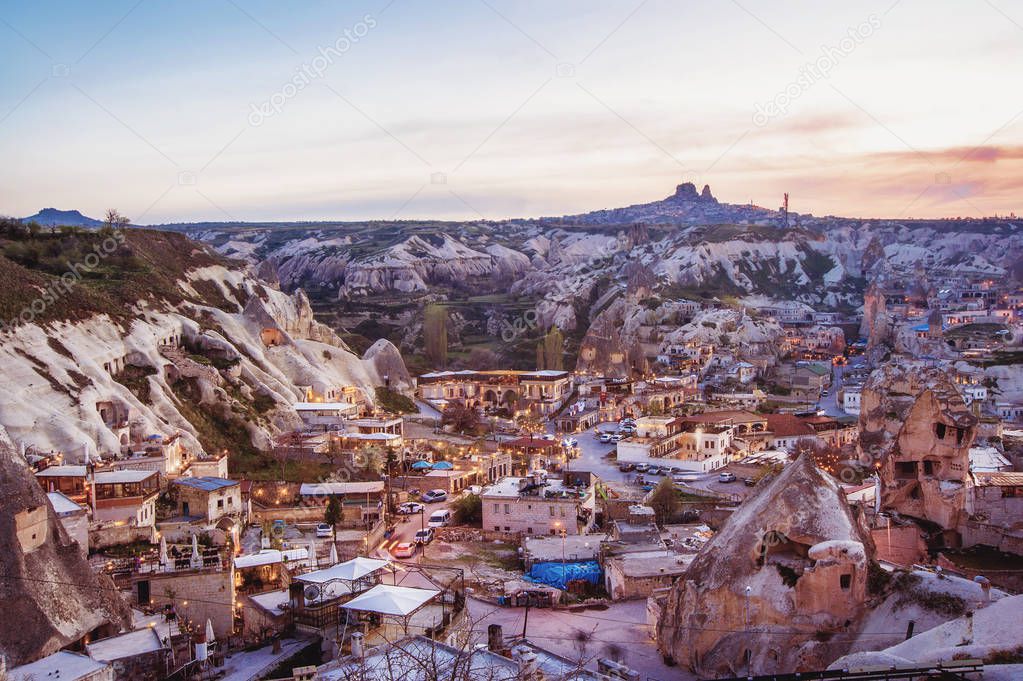 Goreme, Cappadocia, Turkey on sunset. Famous center of balloon f