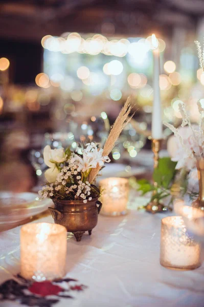 Decorações Casamento Rústicas Com Flores Velas Decoração Banquete Imagem Com — Fotografia de Stock