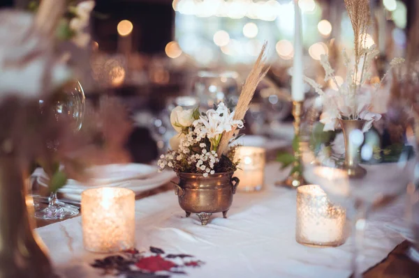 Decorações Casamento Rústicas Com Flores Velas Decoração Banquete Imagem Com — Fotografia de Stock