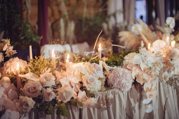 Decorações Casamento Rústicas Com Flores Velas Decoração Banquete Imagem Com — Fotografia de Stock