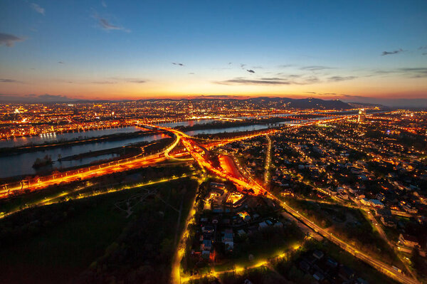 Panoramic view of night european city. Vienna, Austria