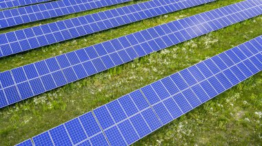 Yeşil çimenlikteki güneş panellerinin havadan görünüşü. İHA atışı, kuş gözü.