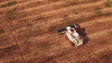 erial manzara modern tarım ekipmanları, makineler, traktör hasat buğday tarlası. Mevsimlik işler. İHA atışı. Metin için boşluğu olan resim. Yukarıdan gelen tarlalar