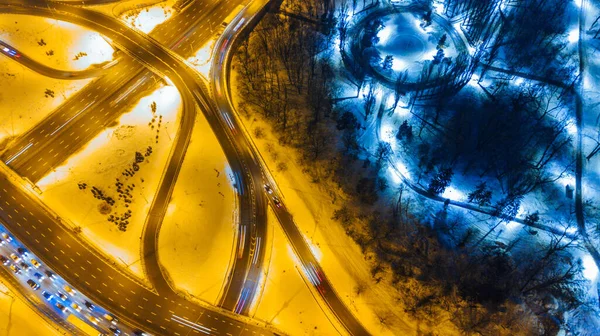 Воздушный Ночной Вид Город Транспортные Средства Беспилотник — стоковое фото