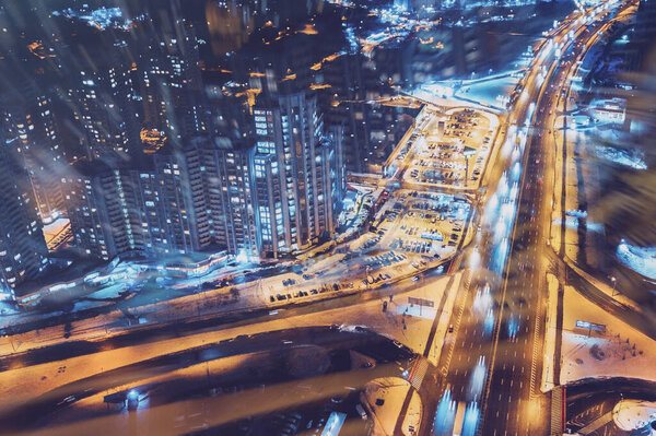 aerial night city view and traffic cars. Drone shot