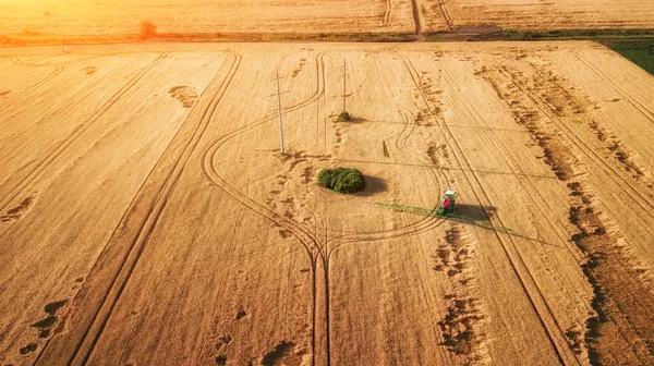 Modern Agricultural Equipment Machinery Spraying Wheat Field Seasonal Works Aerial — Stock Photo, Image