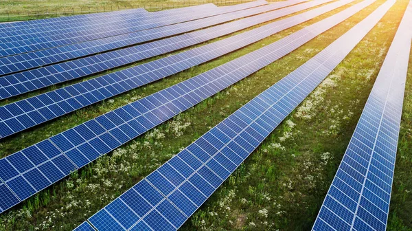 Aerial View Solar Panels Green Lawn Drone Shot Bird Eye — Stock Photo, Image