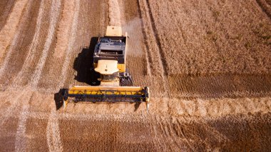 erial manzara modern tarım ekipmanları, makineler, traktör hasat buğday tarlası. Mevsimlik işler. İHA atışı. Metin için boşluğu olan resim. Yukarıdan gelen tarlalar