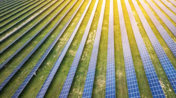 Aerial View Solar Panels Green Lawn Drone Shot Bird Eye — Stock Photo, Image