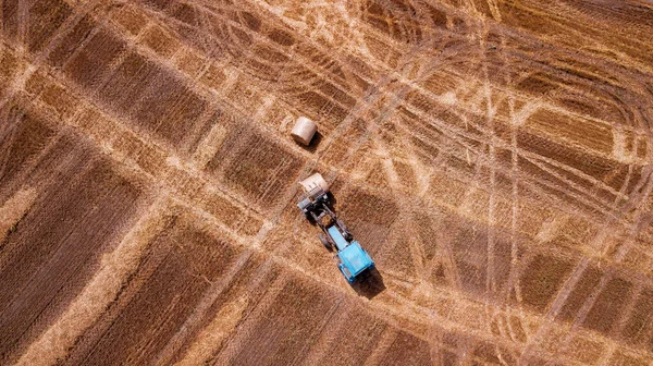 Moderne Landwirtschaftliche Geräte Maschinen Traktoren Ernten Weizenfeld Saisonarbeiten Drohnenschuss Bild lizenzfreie Stockbilder