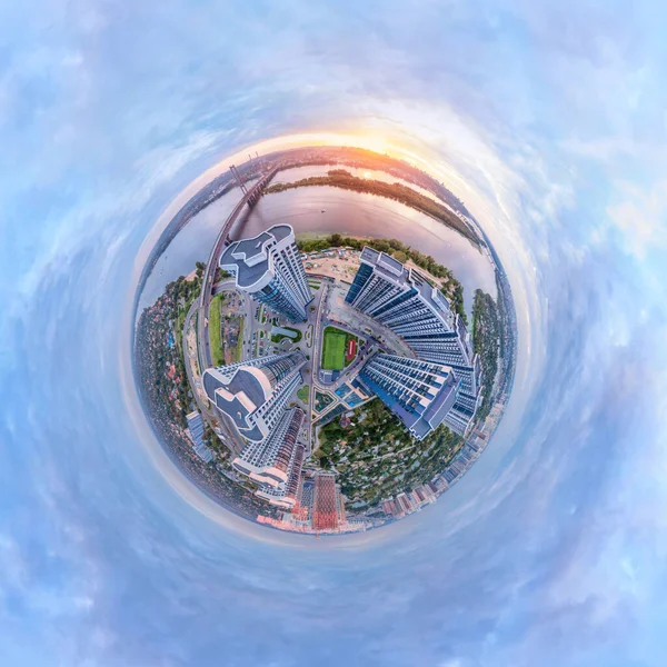 Globalpanorama Stereografische Projektion Einer Hellen Stadt Mit Farbenfrohen Modernen Gebäuden Stockfoto