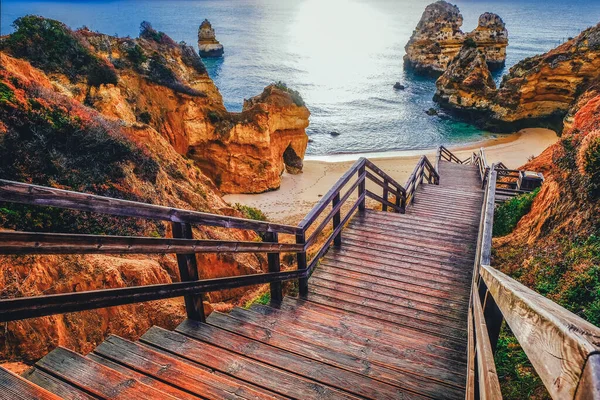 Bellissimo Orizzonte Vista Oceano Atlantico Con Spiaggia Sabbiosa Rocce Onde — Foto Stock