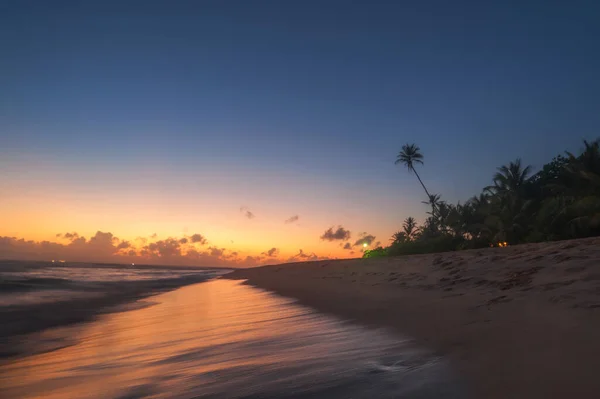 Beautiful Exotic Ocean Beach Palms Rocks Blue Cloudy Sky — Stock Photo, Image