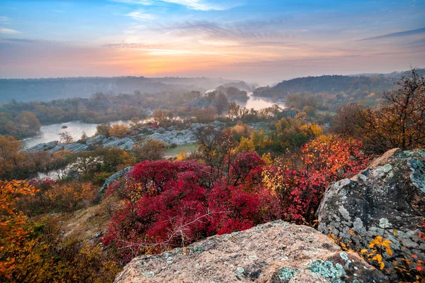 Krásná Podzimní Krajina Pestrobarevnými Stromy Zamlženou Řekou Při Západu Slunce — Stock fotografie