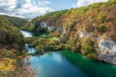 Hırvatistan 'ın Plitvice Gölleri Ulusal Parkı' nda inanılmaz turkuaz su var. Dünya mirası sitesi.