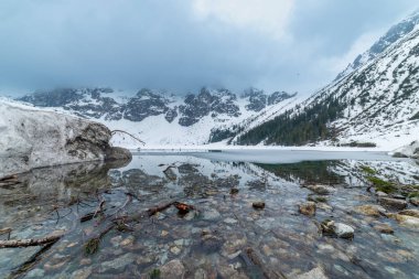 Polonya 'nın Tatra Ulusal Parkı' ndaki Morskie Oko 'nun sakin manzarası, görkemli karla kaplı dağlar, sakin donmuş göl ve serin bir kış günü yansımaları. Kış manzarası