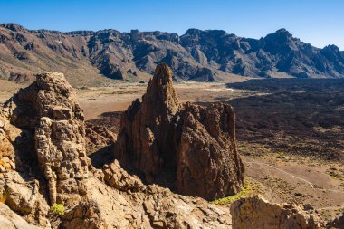 Tenerife 'deki Teide Ulusal Parkı' nın dramatik manzaralarını keşfedin, berrak mavi gökyüzü altında engebeli volkanik oluşumlar ve canlı bitkiler gösterin. Kanarya Adaları, İspanya.