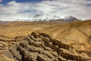 Langza, Himachal Pradesh, Hindistan: Spiti Vadisi 'ndeki Langza manastırının çökmekte olan duvarlarında renkli mitolojik karakterlere sahip antik Budist freskleri.